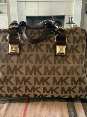 Michael Kors Brown Logo Canvas Duffel with Gold Hardware